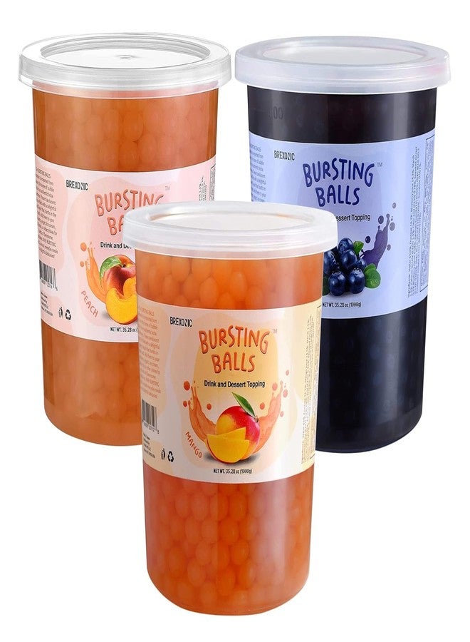 BREXONIC 3 Flavors Popping Boba Pearls Bursting Tea Balls Drink & Dessert Topping Mango. Blueberry, Peach, Flavored Bubble Tea Pearls 2 LB (Mango, Blueberry, Peach, 2 Pound Pack of 3) - Image 1